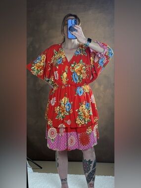 white birch Red Floral Tiered V-Neck Mini Dress with Pink Hem